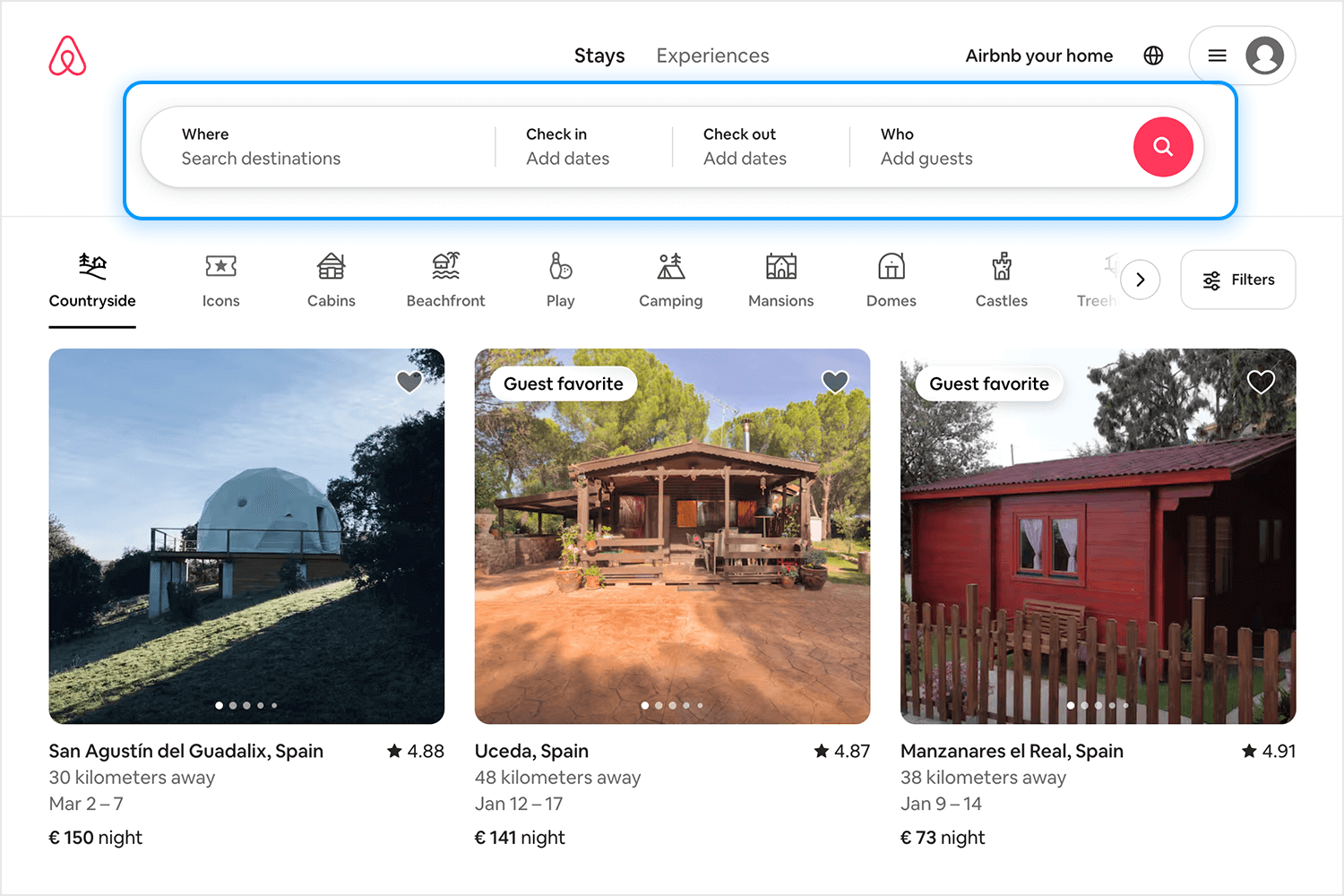 Airbnb search bar with microcopy guiding users to input destinations, dates, and guest details.