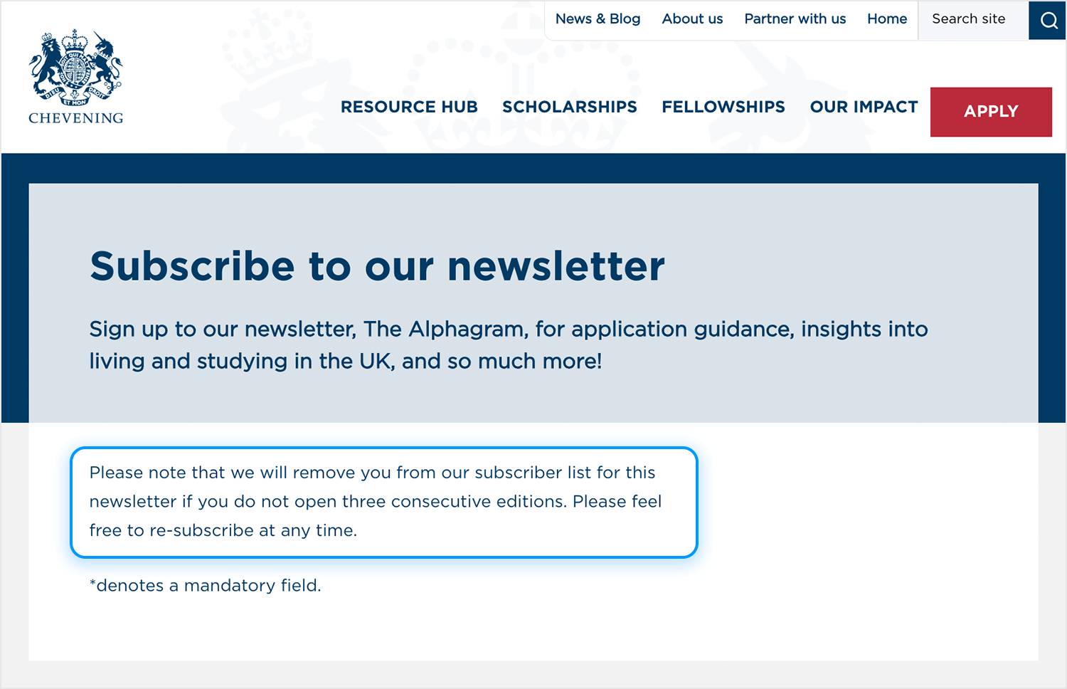 Chevening newsletter subscription page with microcopy about subscriber list policy.