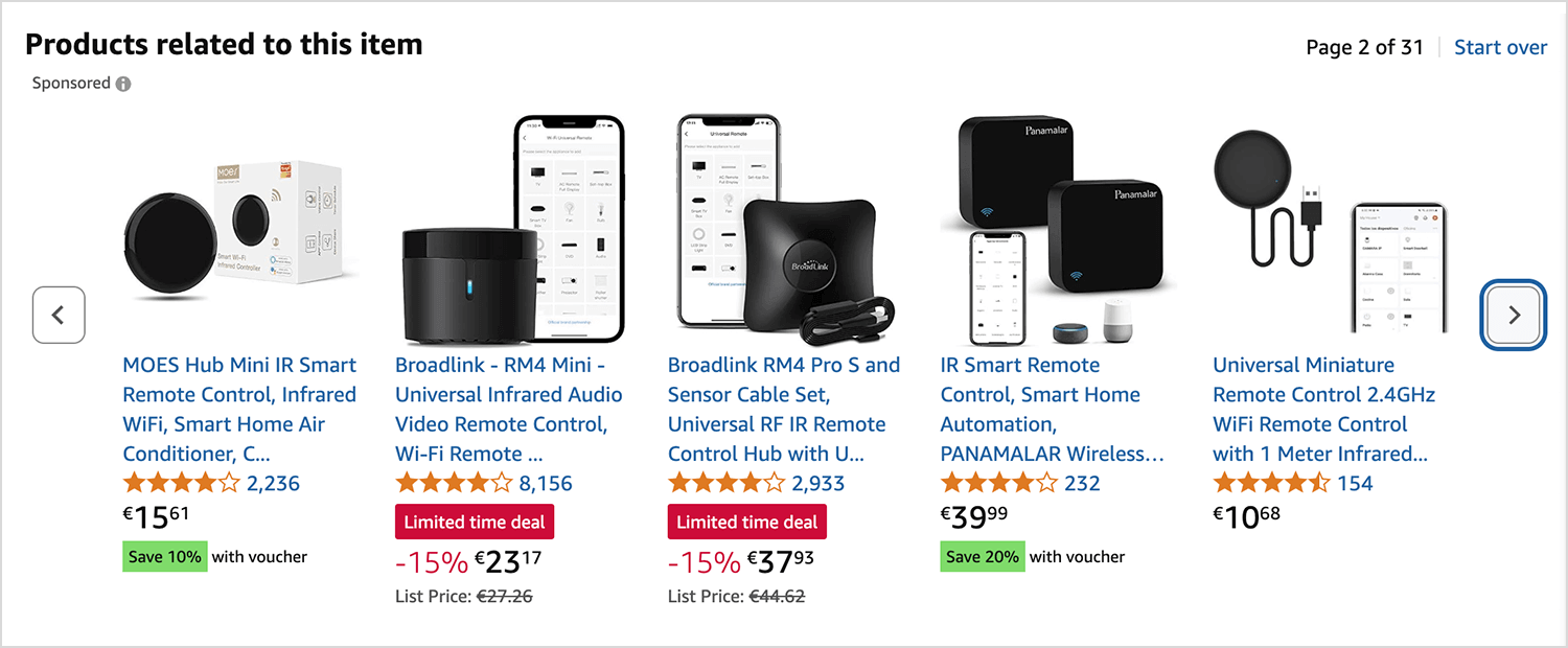 Amazon related products carousel showcasing similar smart home devices.