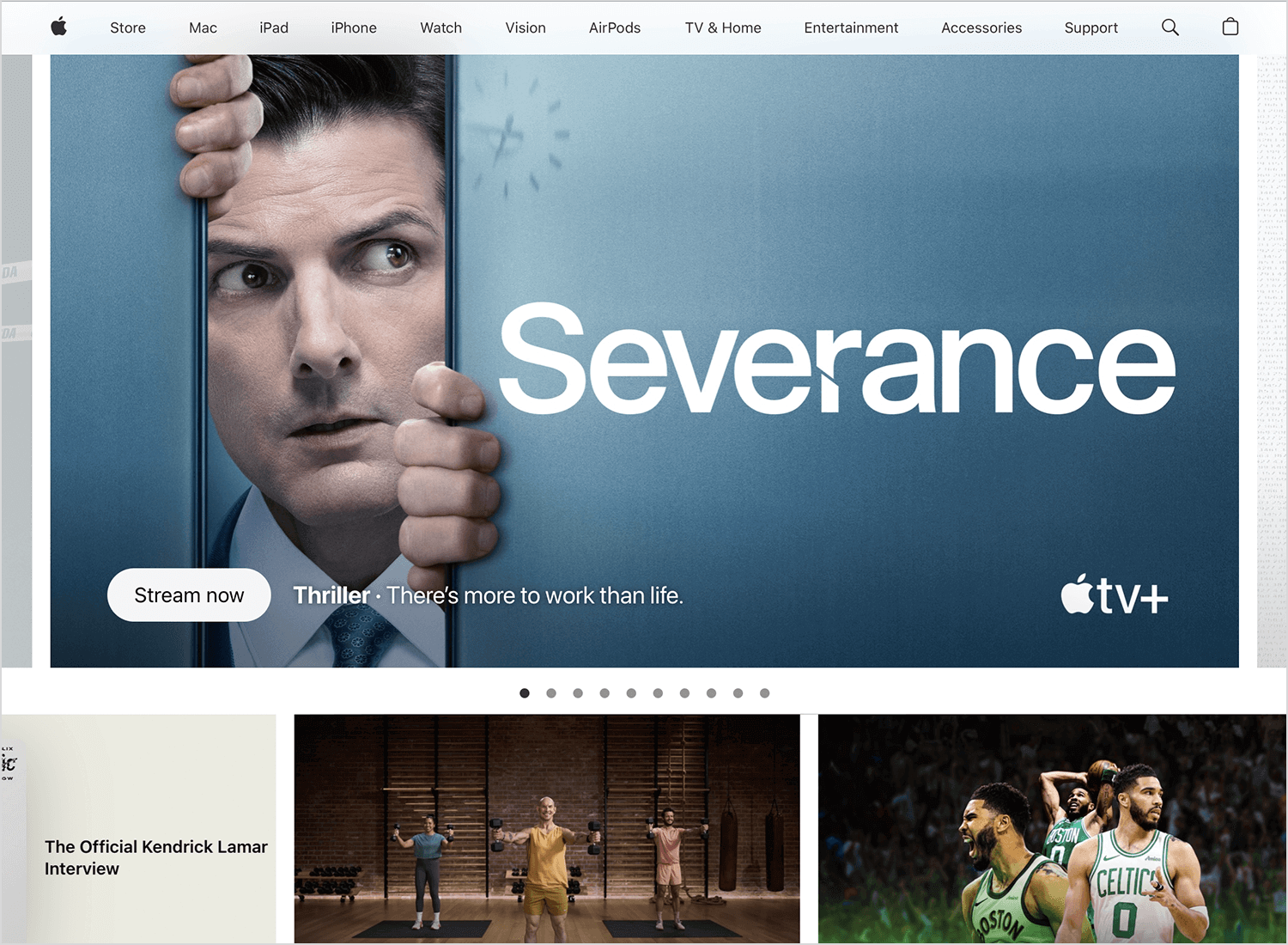 Apple TV+ carousel featuring the show Severance with a call-to-action to stream now