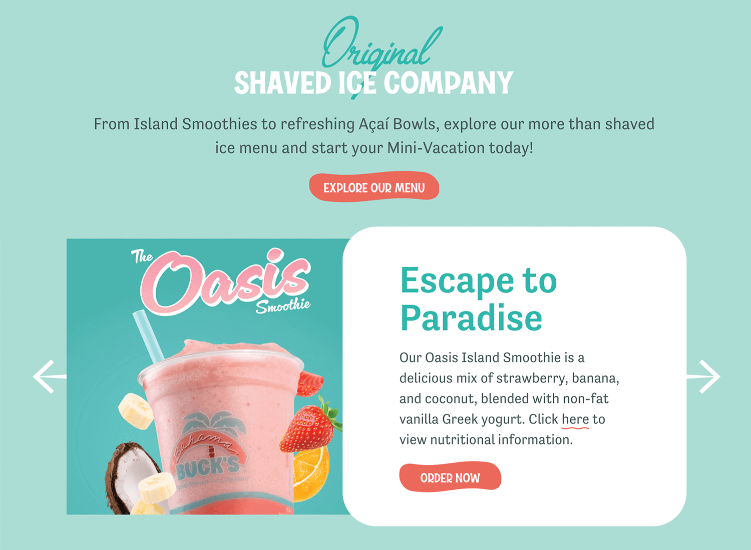 Bahama Buck's smoothie promotion carousel featuring the Oasis Smoothie.