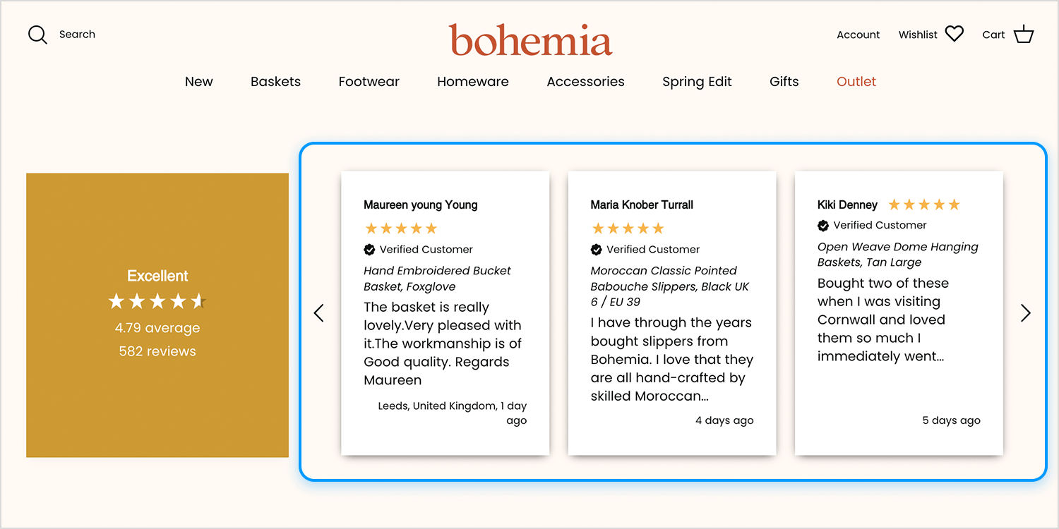 Customer reviews carousel displaying testimonials and ratings for Bohemia products.