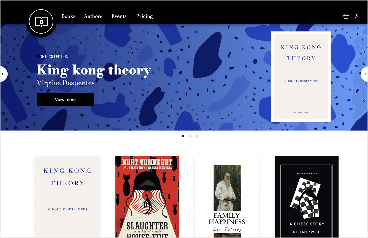 Book showcase carousel featuring 'King Kong Theory' and other literary selections.