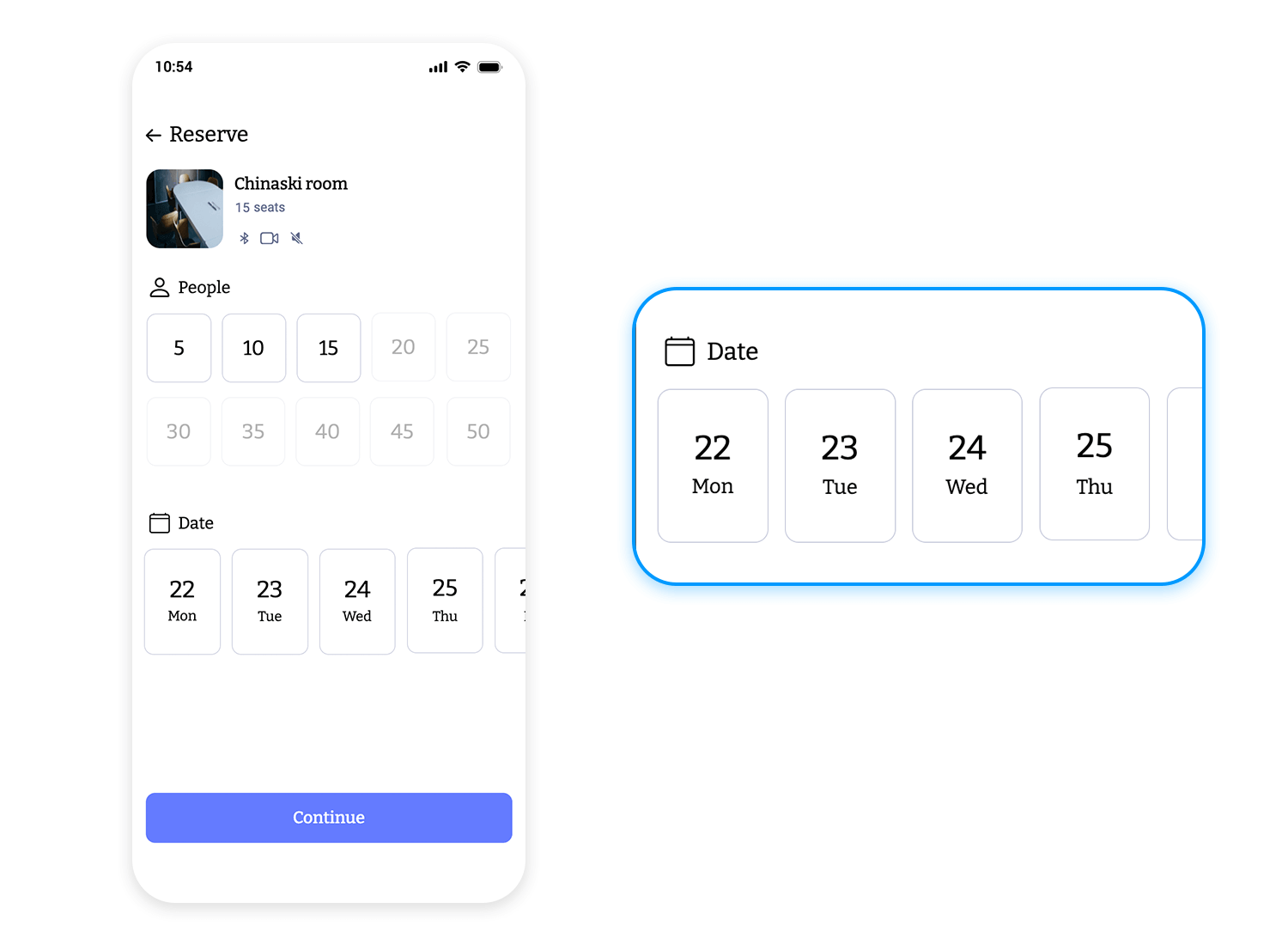 Mobile booking interface with a date selection carousel for reserving a meeting room