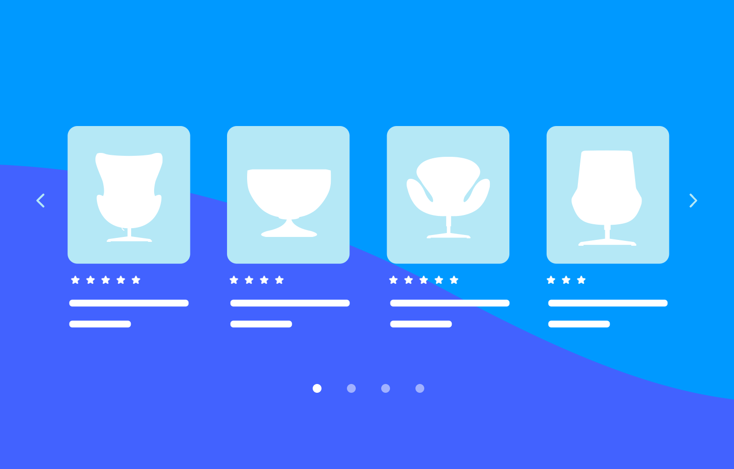 Carousel UI header featuring a modern blue gradient background with product cards displaying chair icons, star ratings, and navigation controls