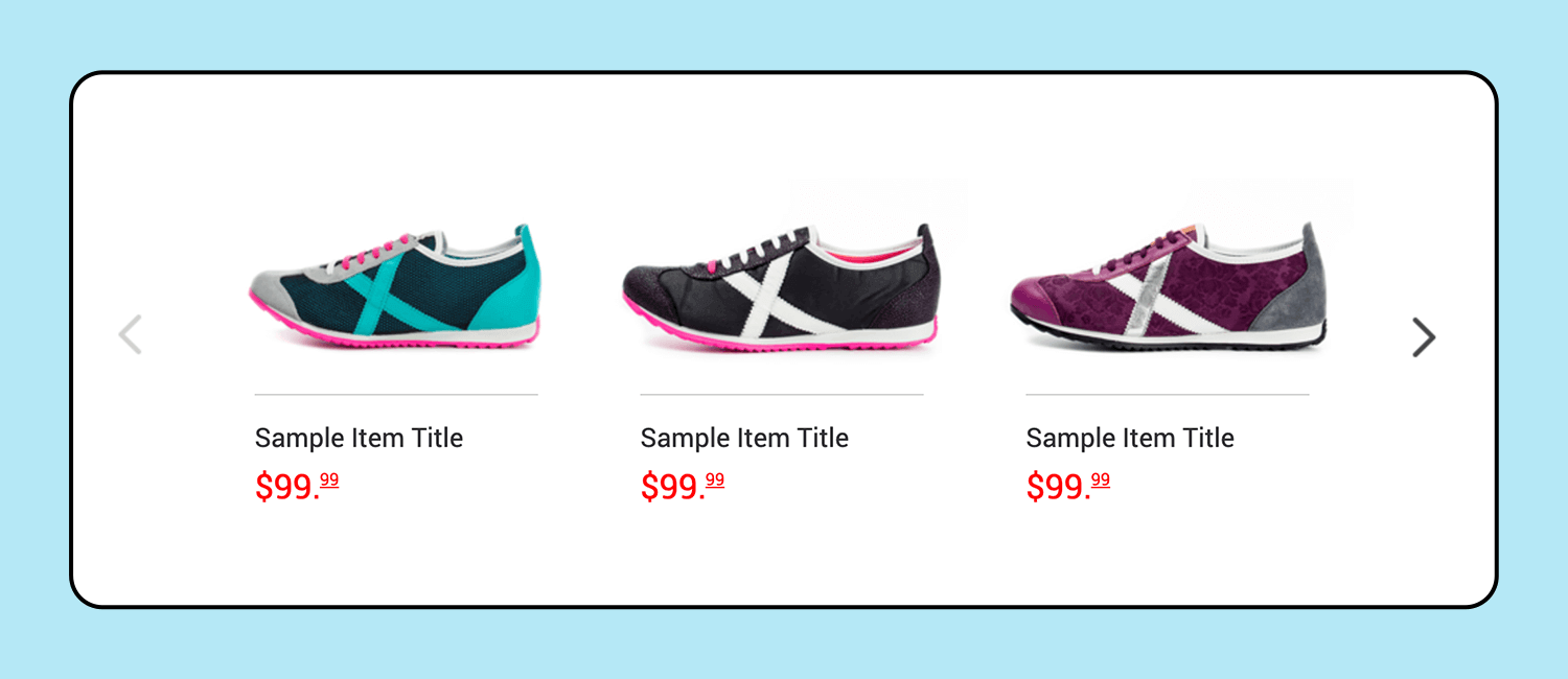 E-commerce product carousel displaying three pairs of sneakers with navigation arrows