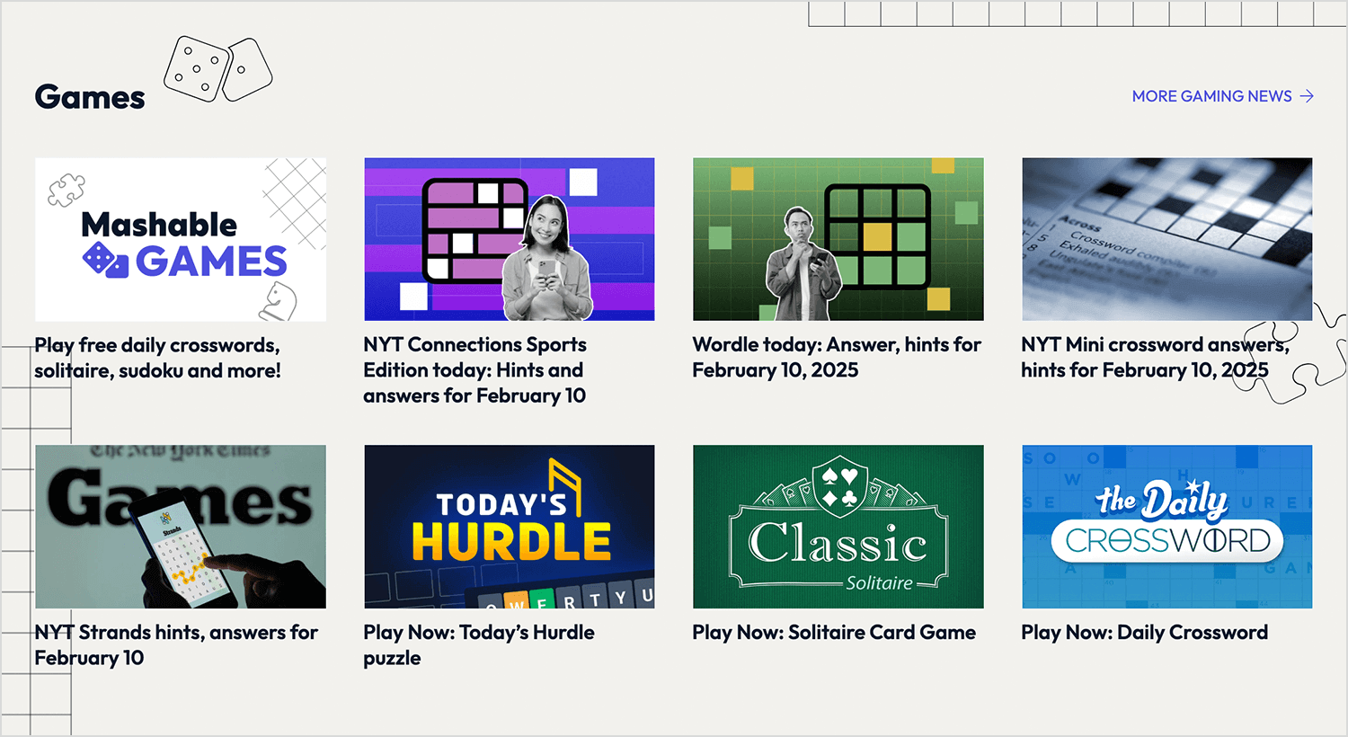 New York Times games section using a grid layout for content discovery.