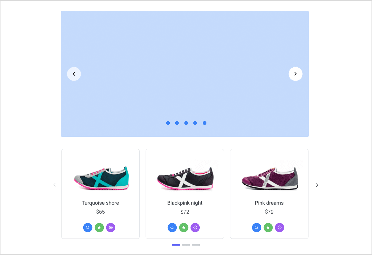 Justinmind Prime Faces carousel UI kit showcasing an e-commerce product slider with sneaker images and interactive controls.