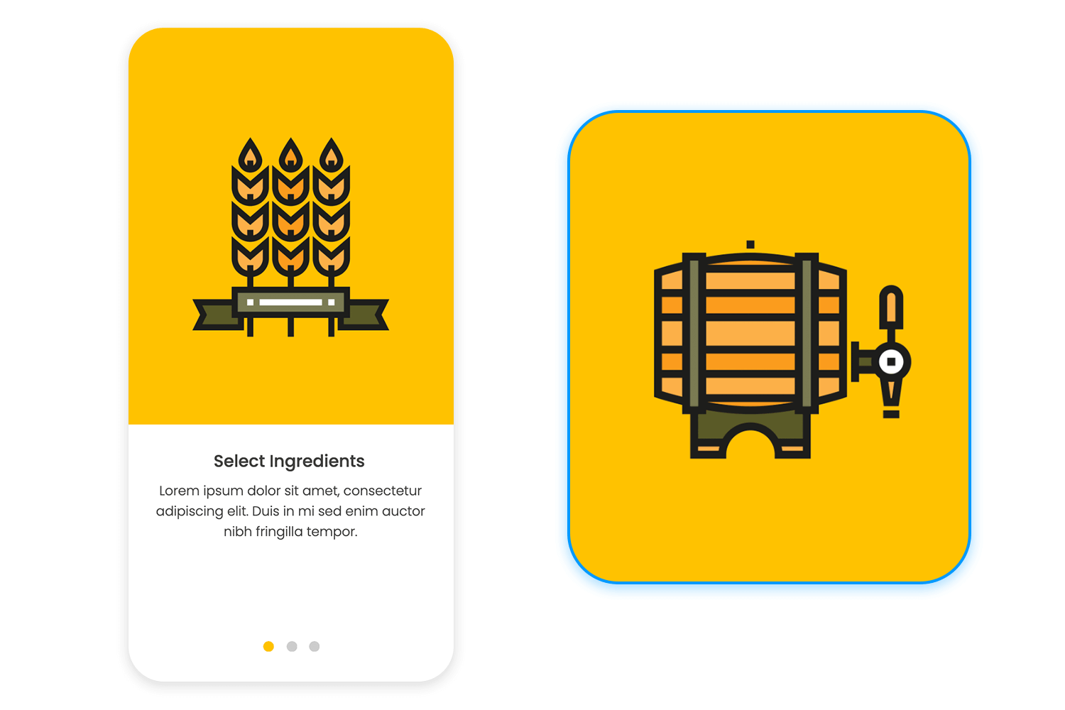 Mobile onboarding carousel with illustrated beer brewing process steps on a yellow background.