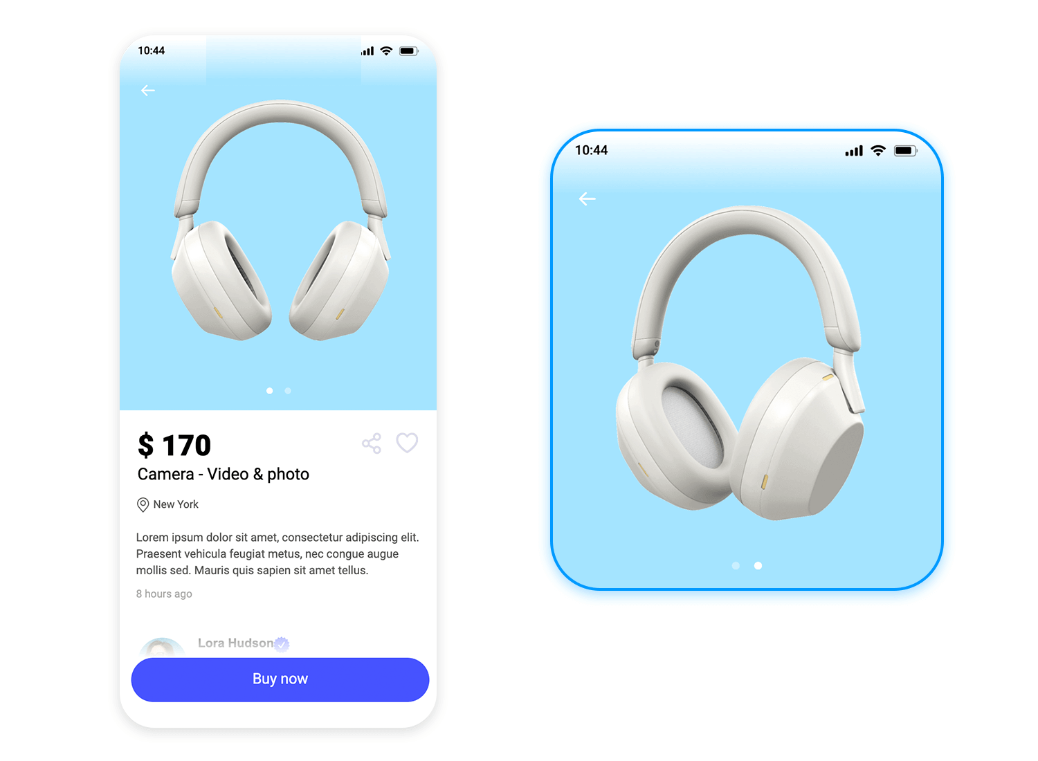 Mobile e-commerce product carousel displaying wireless headphones with a buy now button.