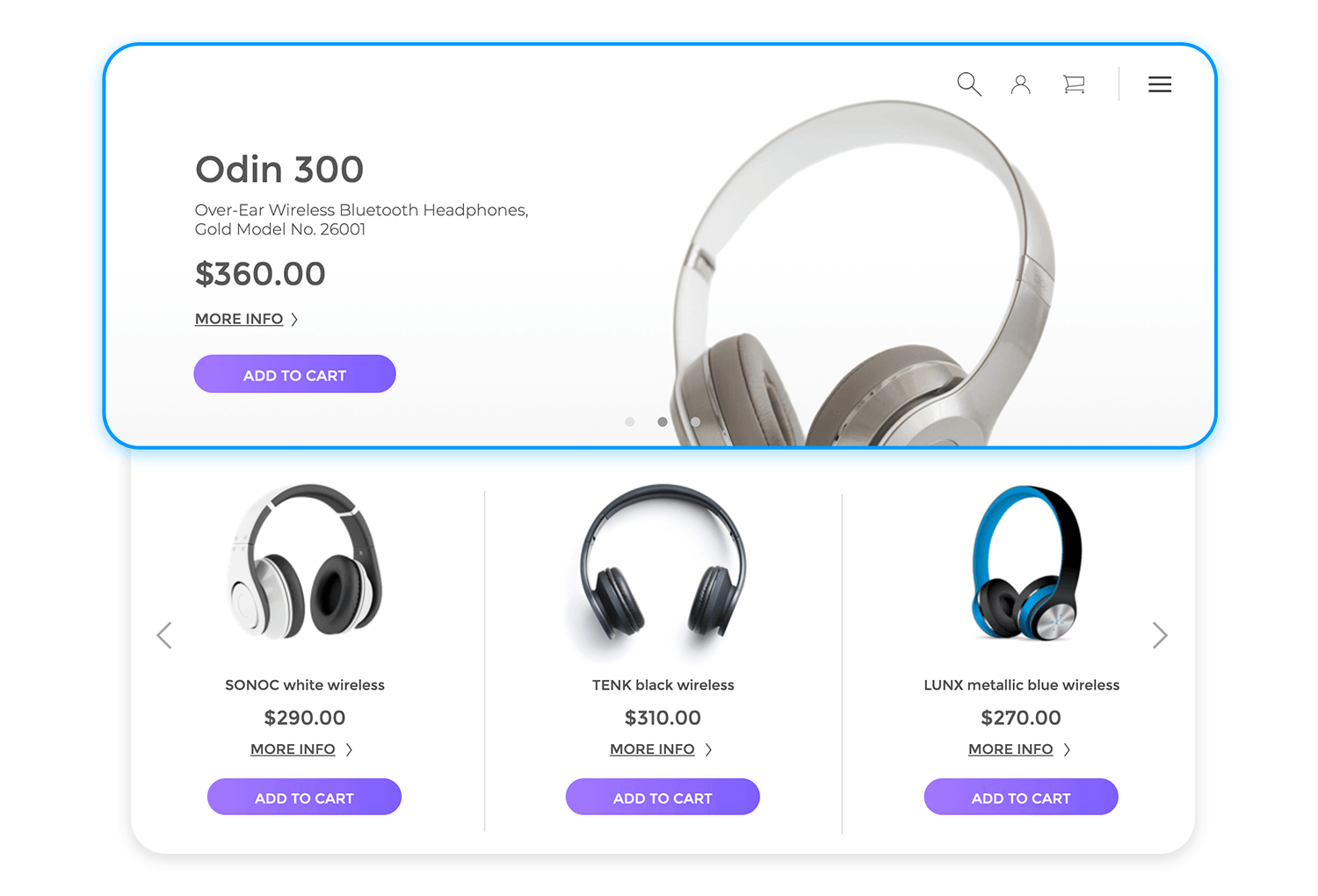 E-commerce product carousel displaying wireless headphones with price and add-to-cart button