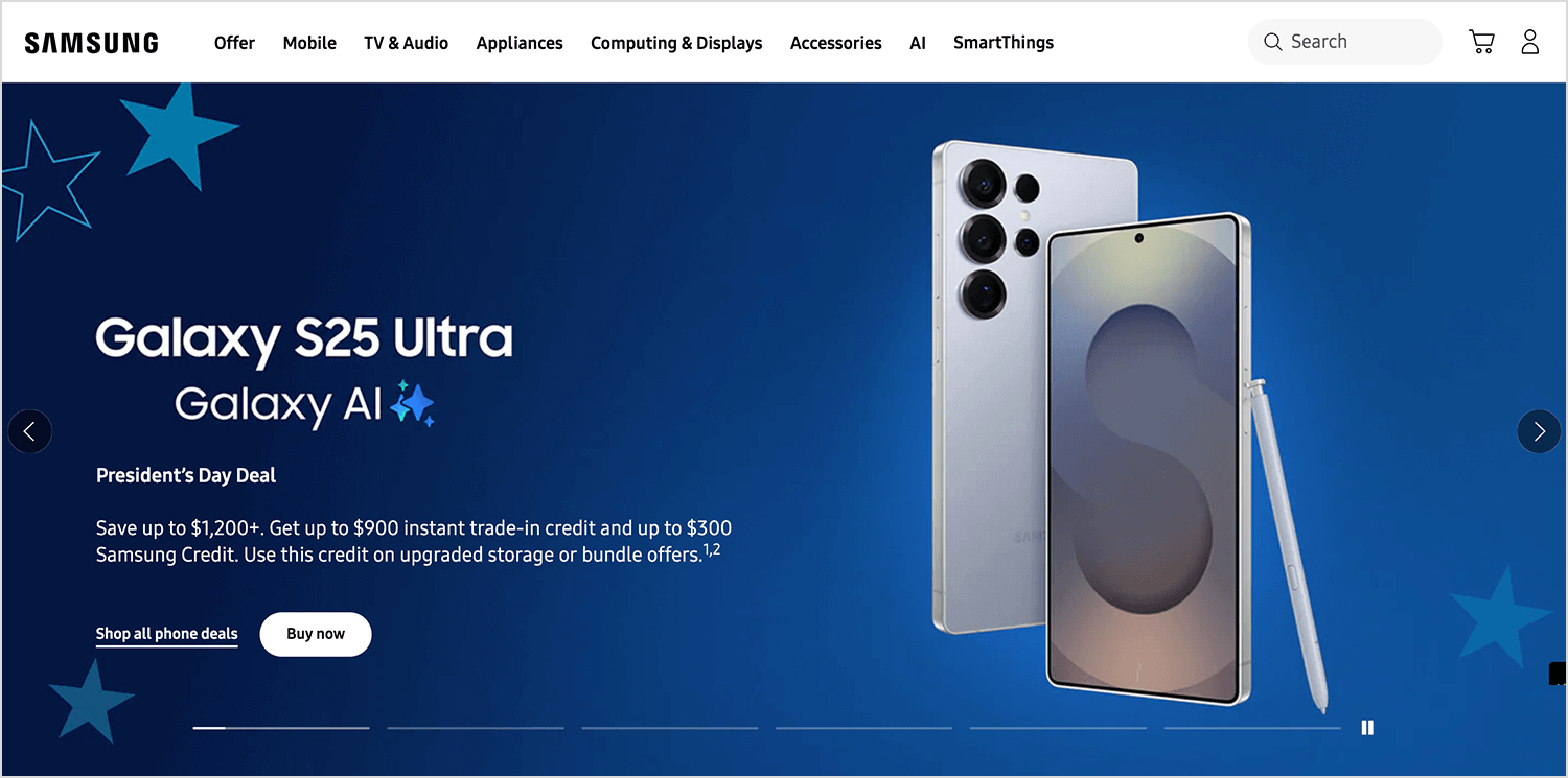 Samsung Galaxy S25 Ultra featured in a full-screen hero carousel.