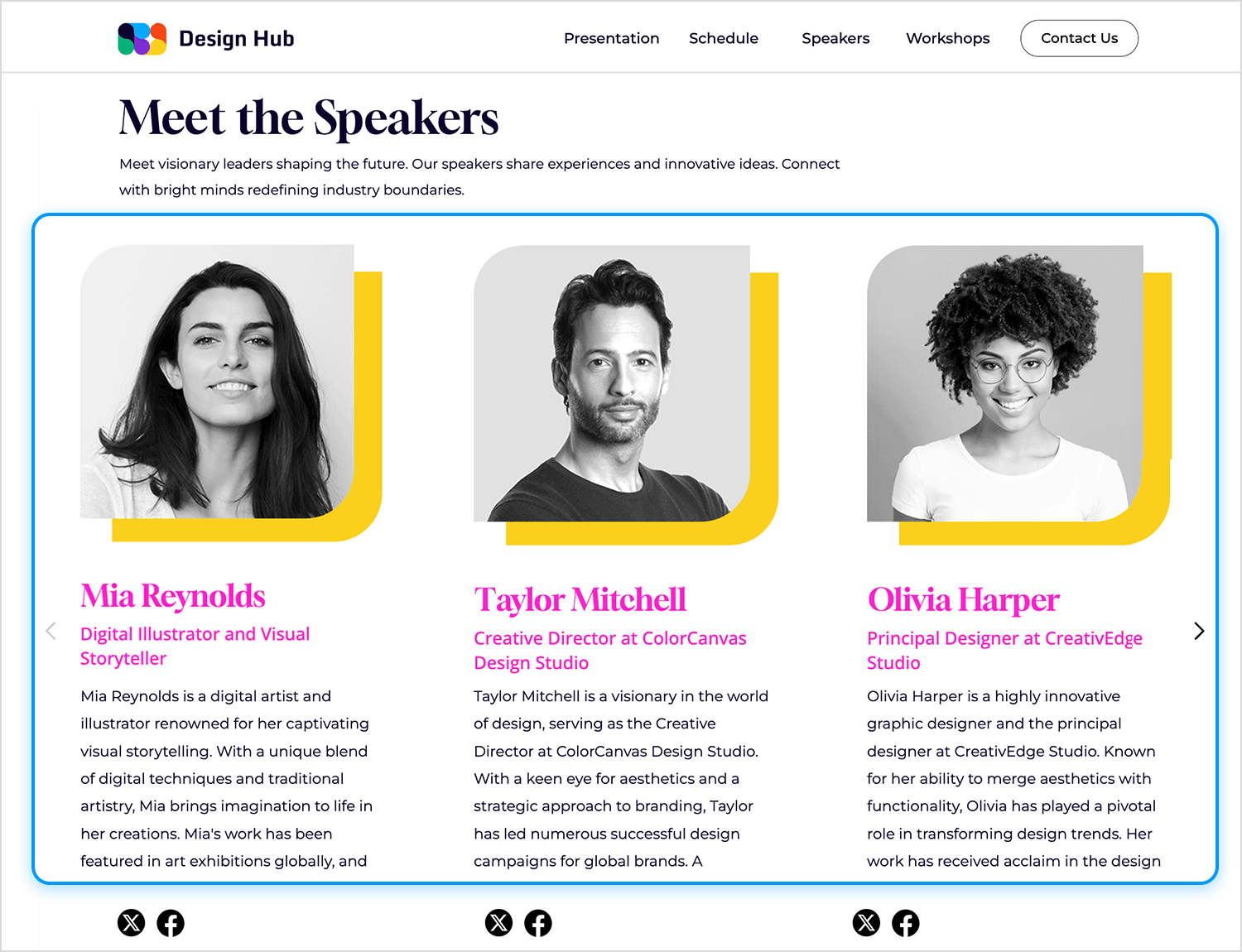 Speakers carousel showcasing featured industry experts with names and descriptions