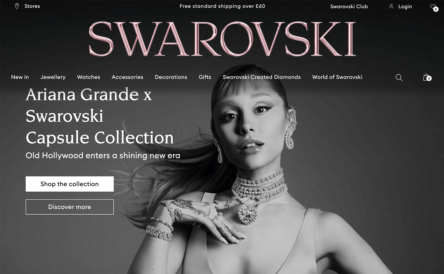 Swarovski hero carousel featuring Ariana Grande capsule collection.