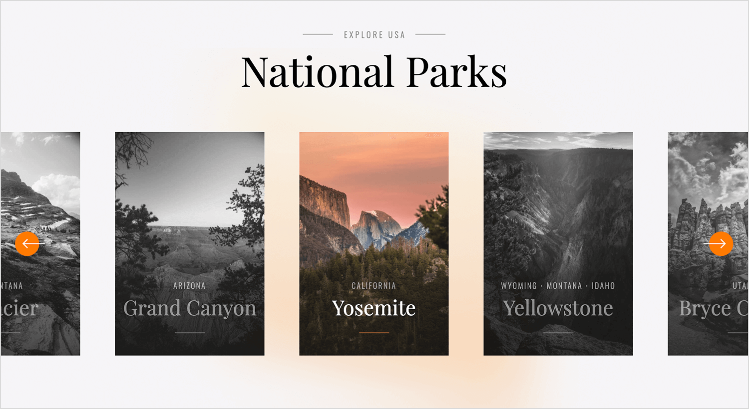 Swipeable carousel showcasing U.S. national parks with highlighted Yosemite image.