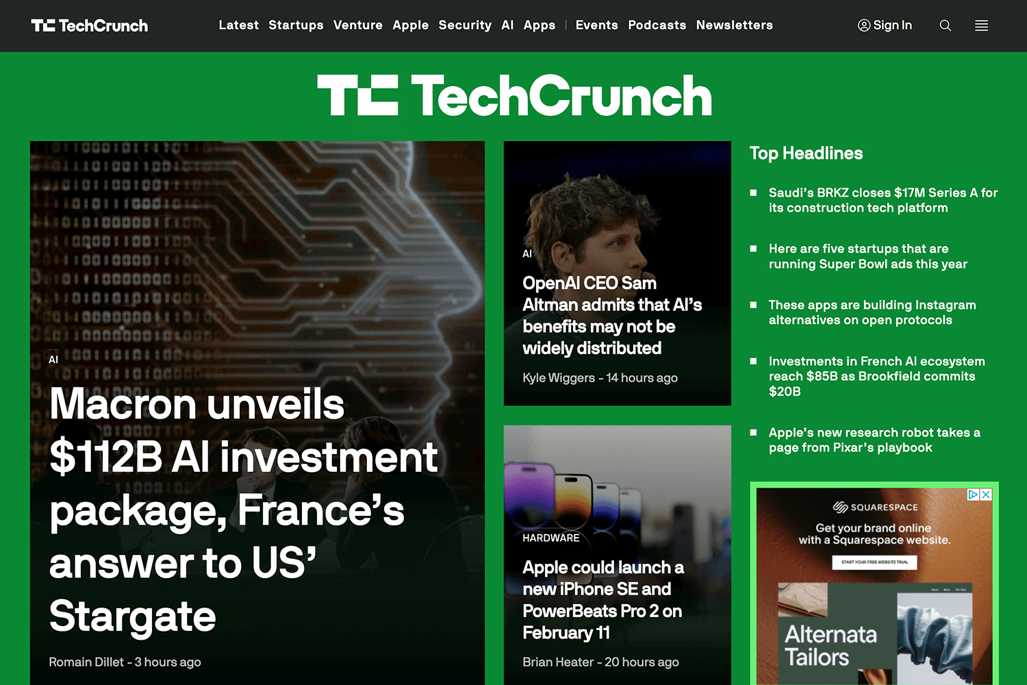 TechCrunch featured news carousel displaying trending articles