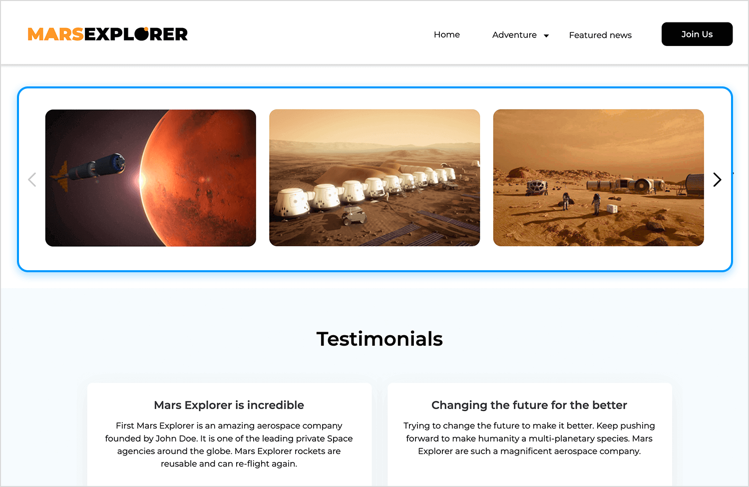 Mars exploration-themed carousel with images of spacecraft, Mars base, and astronauts