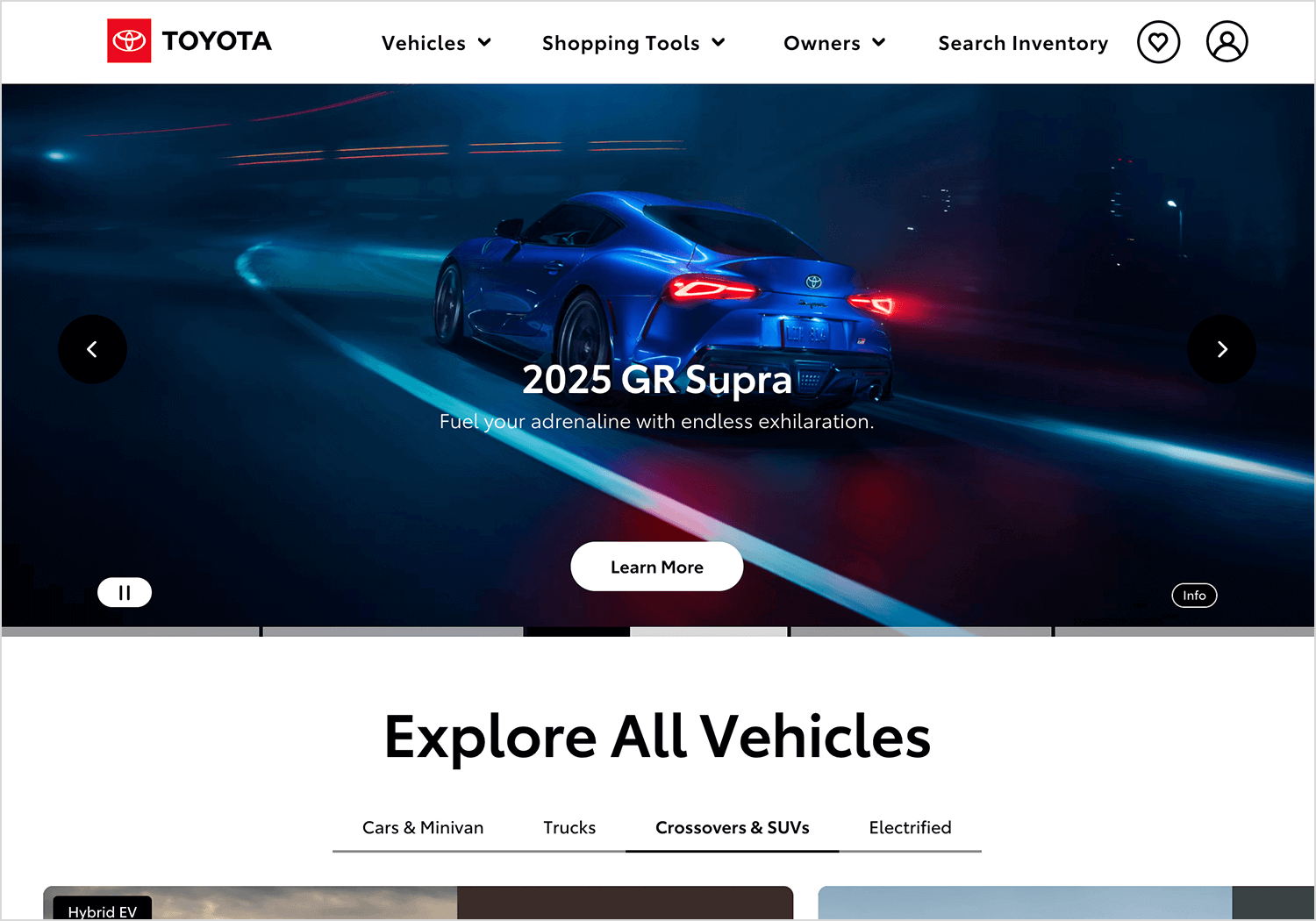 Toyota website carousel featuring the 2025 GR Supra sports car