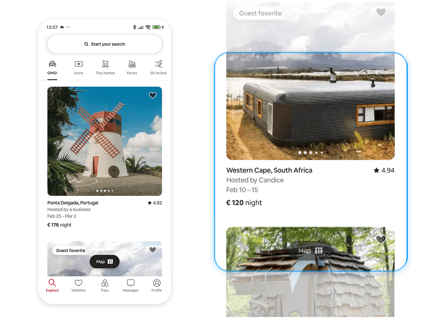 Mobile travel booking app with a vertical scrolling section showcasing unique accommodations with image carousels