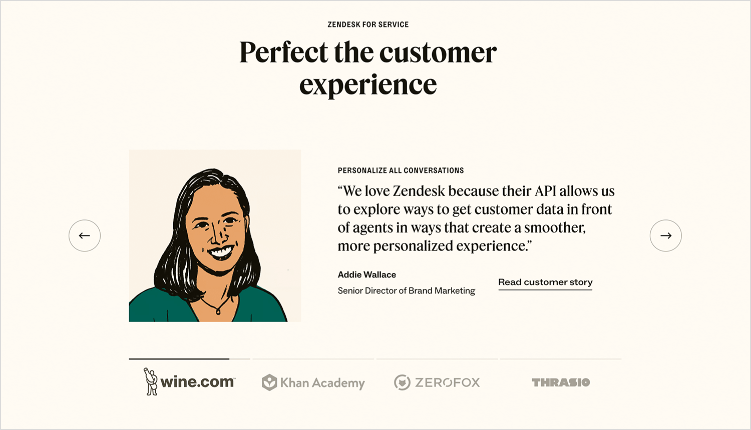 Zendesk testimonial carousel with customer reviews and brand logos