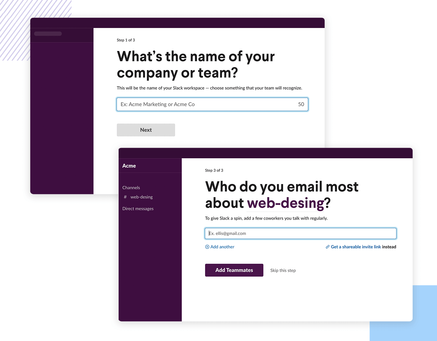 User onboarding - asking information during set up of Slack account