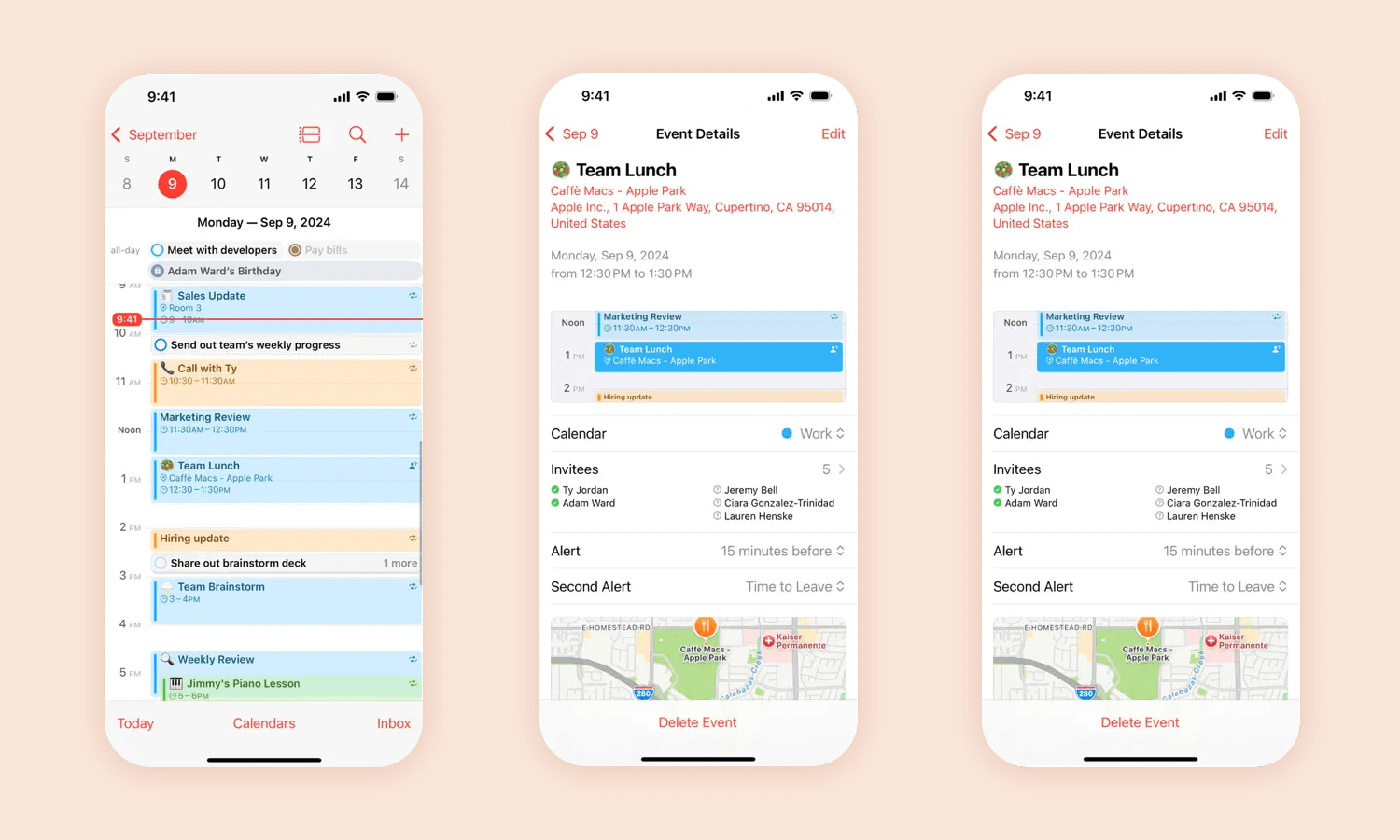 Apple Calendar app design showcasing event details, invitees, and a map for location-based events