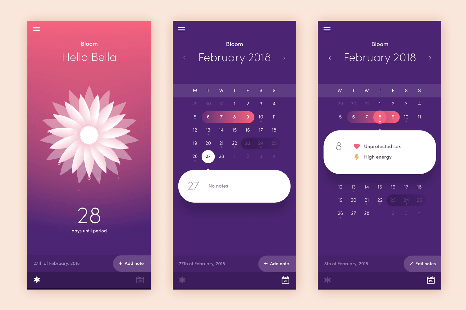 Bloom period tracker calendar app design with vibrant visuals and detailed event tracking