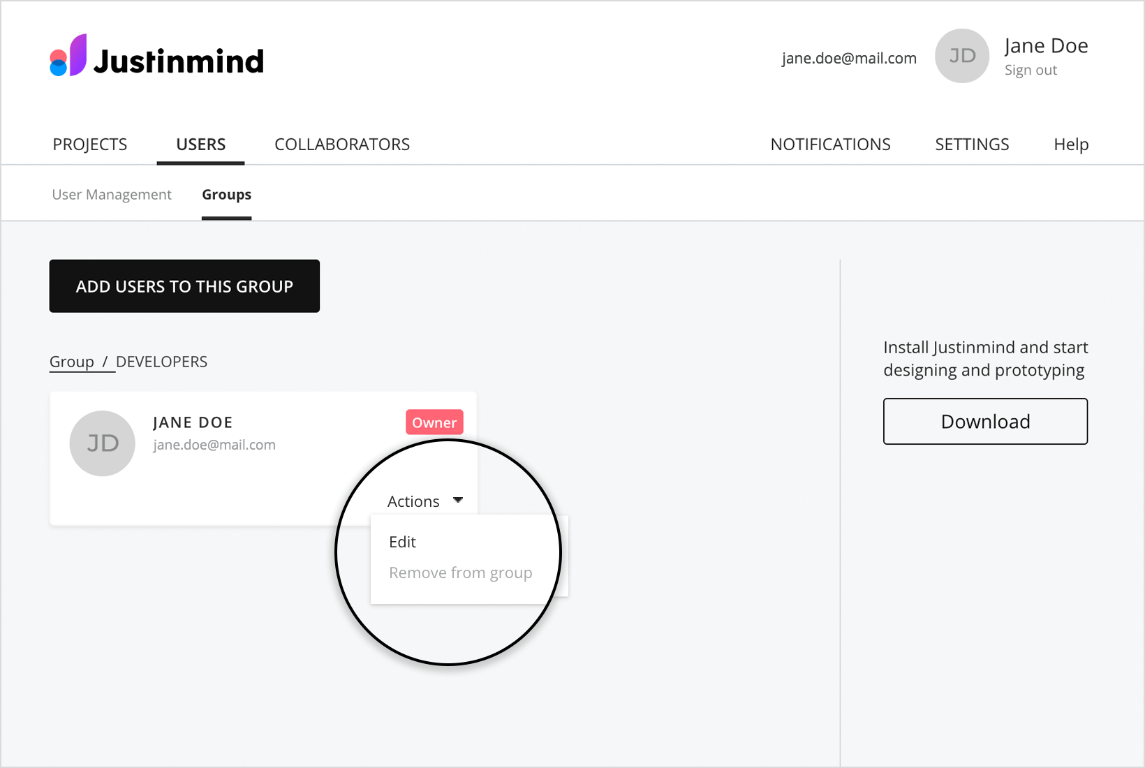 justinmind online account remove user group