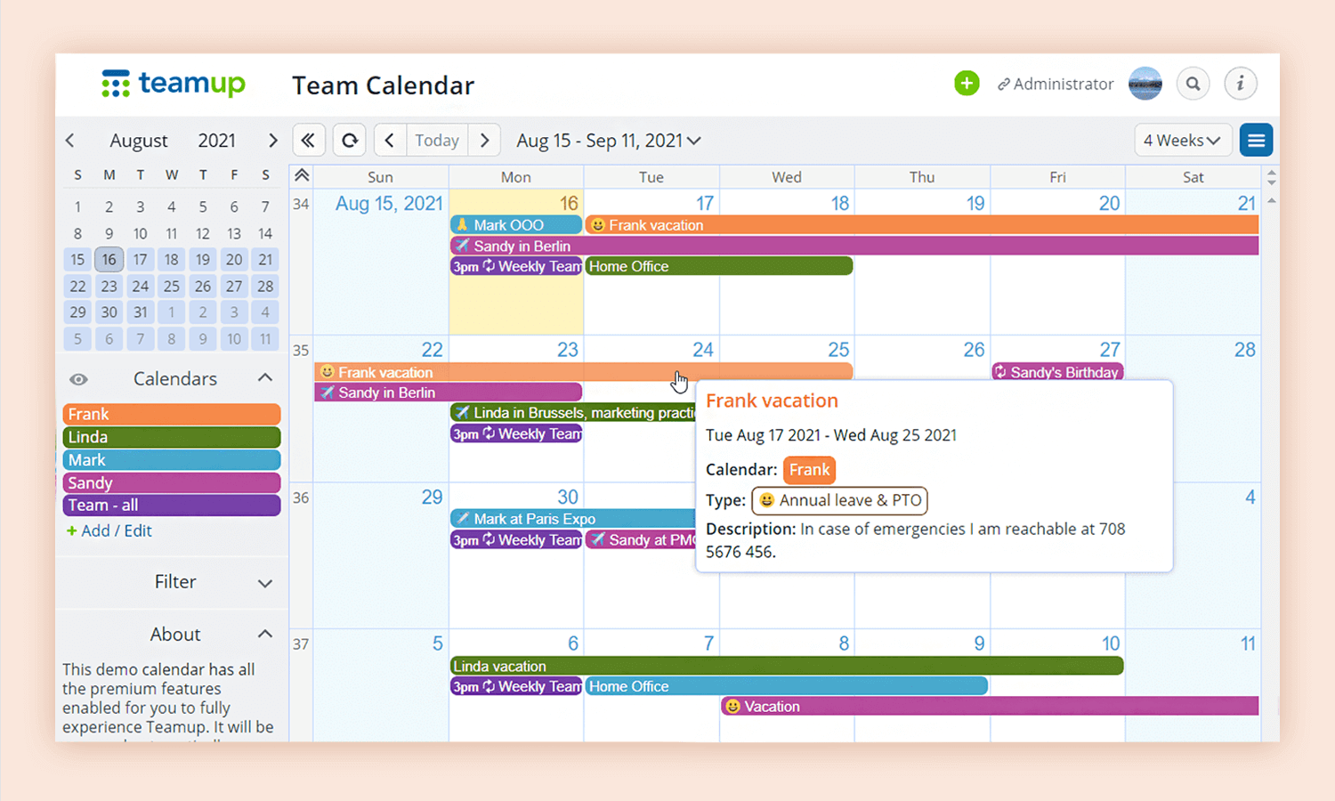 Teamup calendar app design showing color-coded events, team schedules, and vacation planning for efficient collaboration