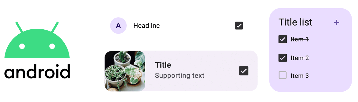 Android UI kit showcasing various checkbox designs for different elements like headlines, title lists, and card items
