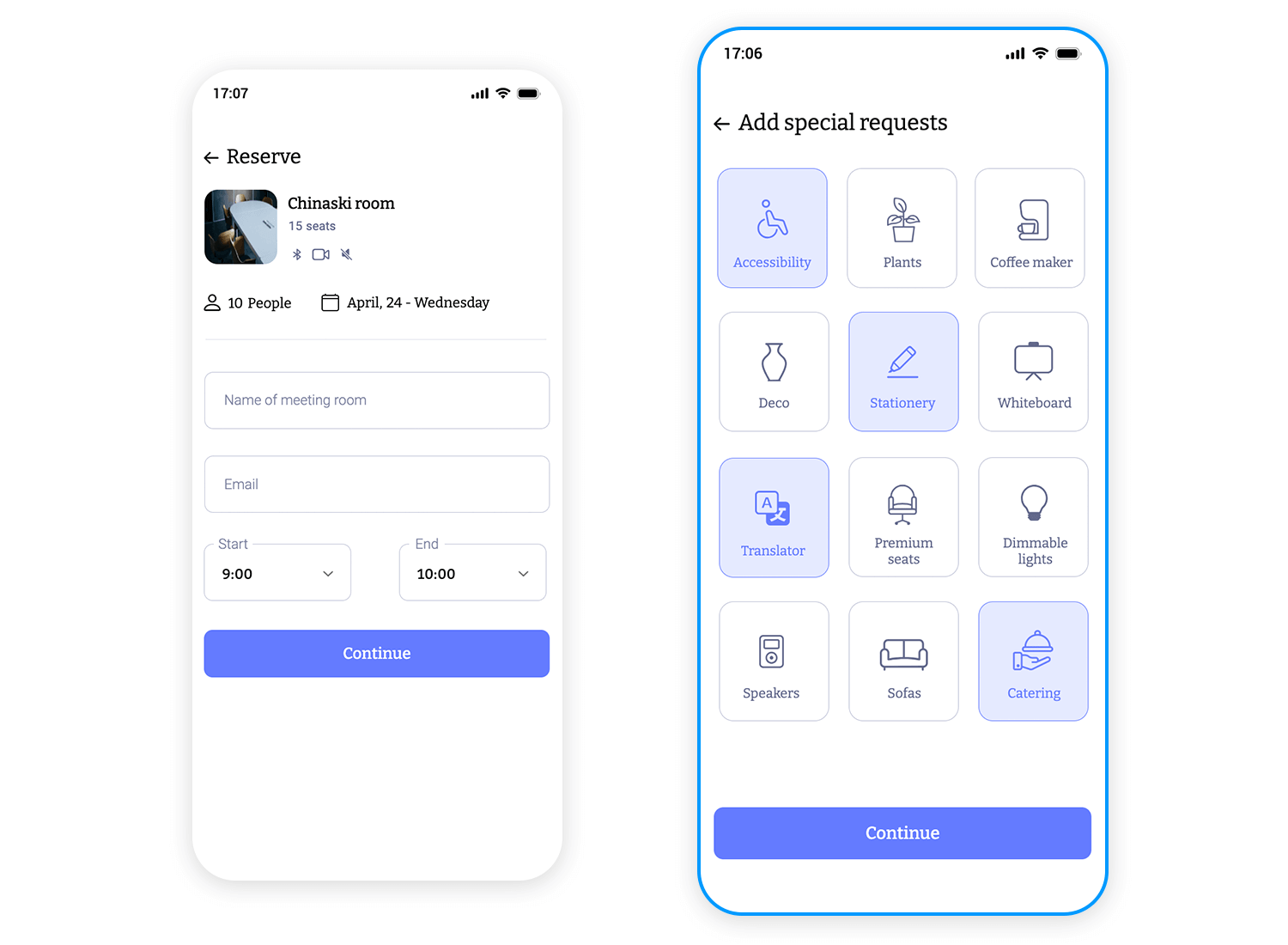 Mobile app showing meeting room booking with checkboxes for special requests