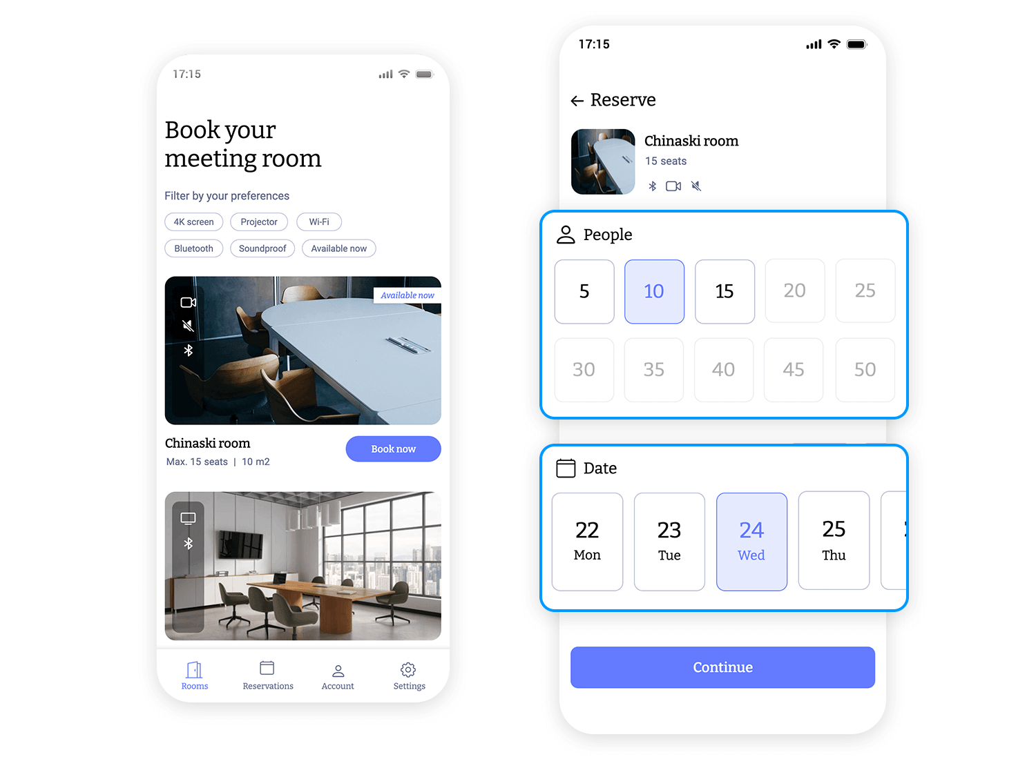 Meeting room booking app screen showing options to select the number of people and date using radio buttons