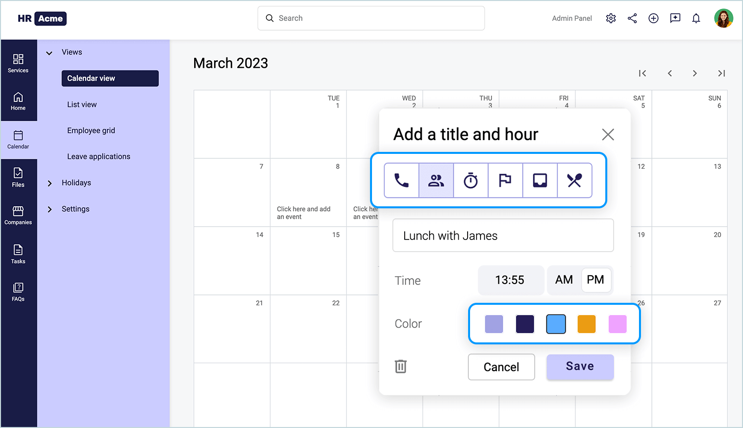 Calendar event creation pop-up with options for title, time, and color selection