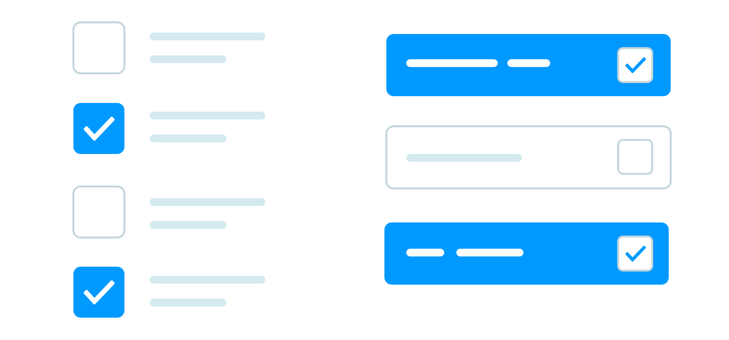 Checkbox design examples in various styles, including standard and button-style checkboxes