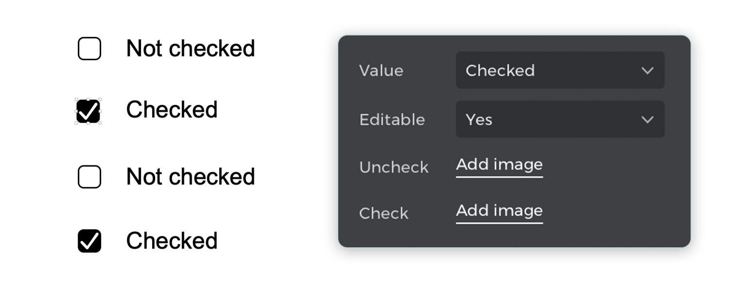 Checkbox showing different states: checked, unchecked, and editable options