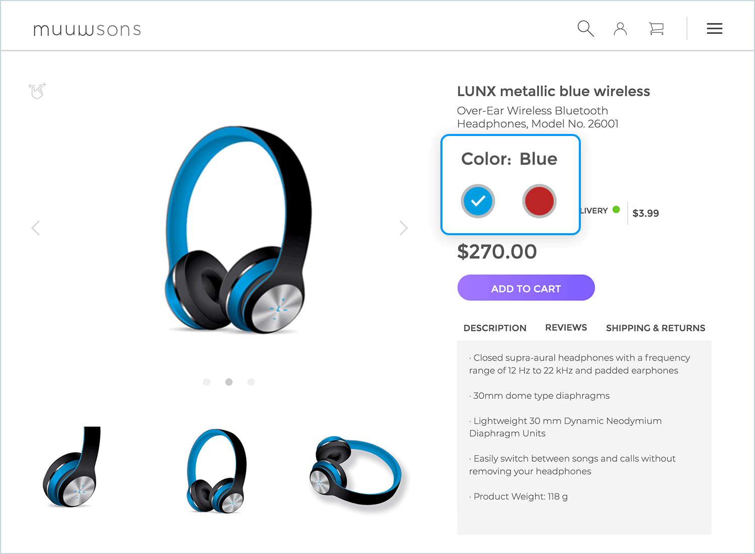 Headphone product page with color selection radio buttons for blue and red