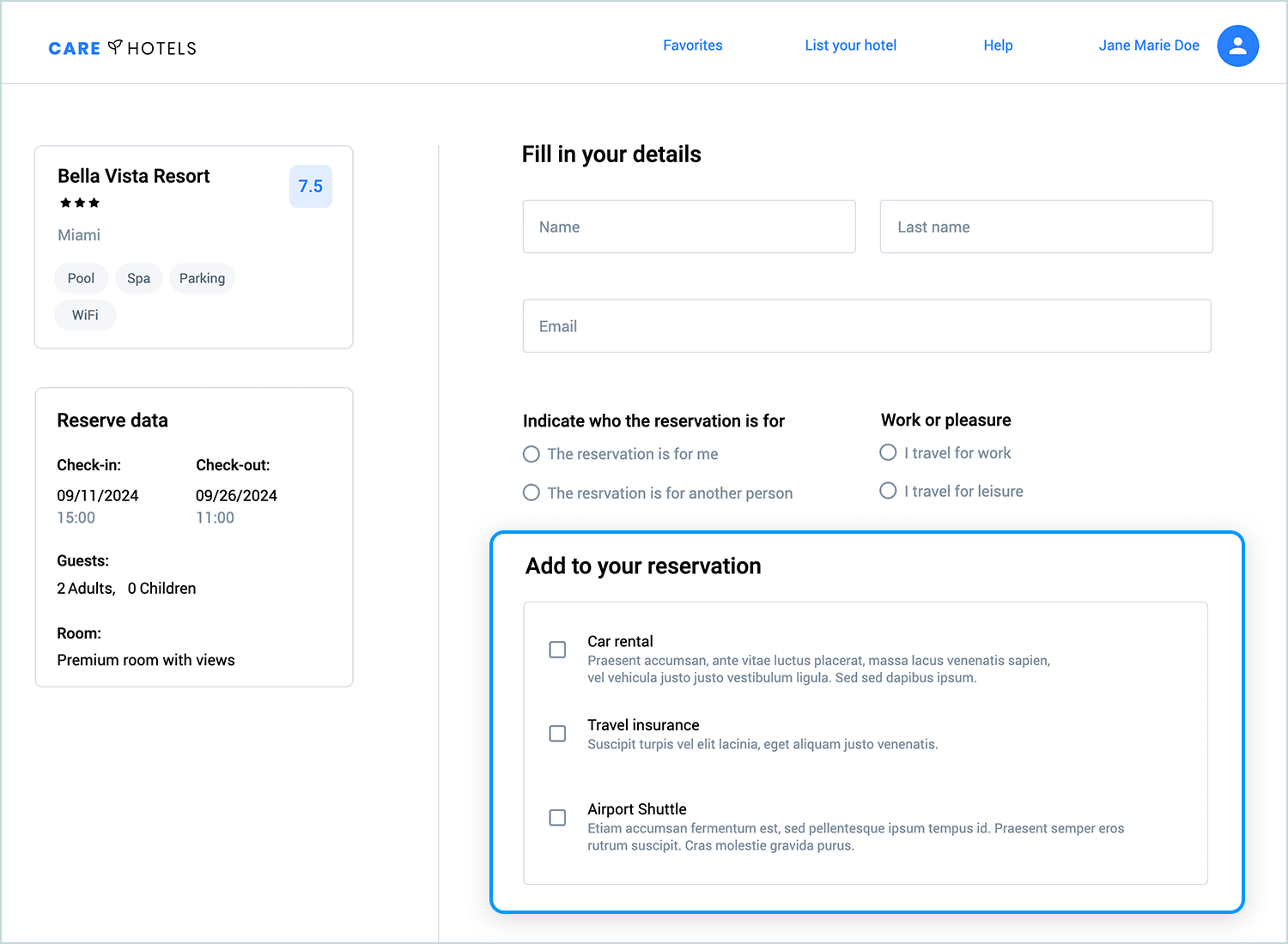 Hotel booking form with checkboxes for extra services like car rental and travel insurance.