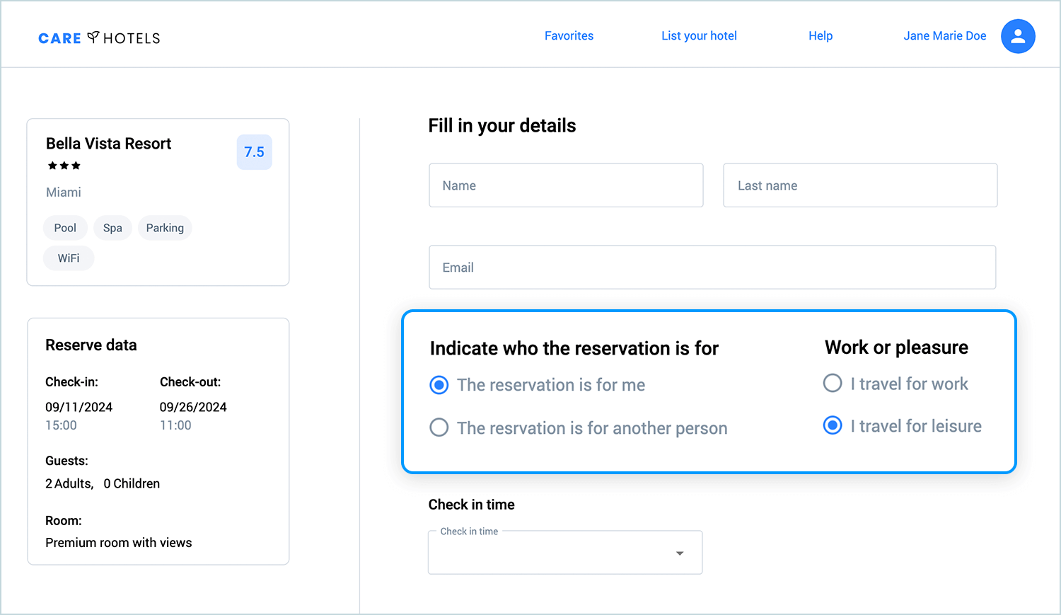 Hotel booking form with radio buttons for selecting reservation details and preferences