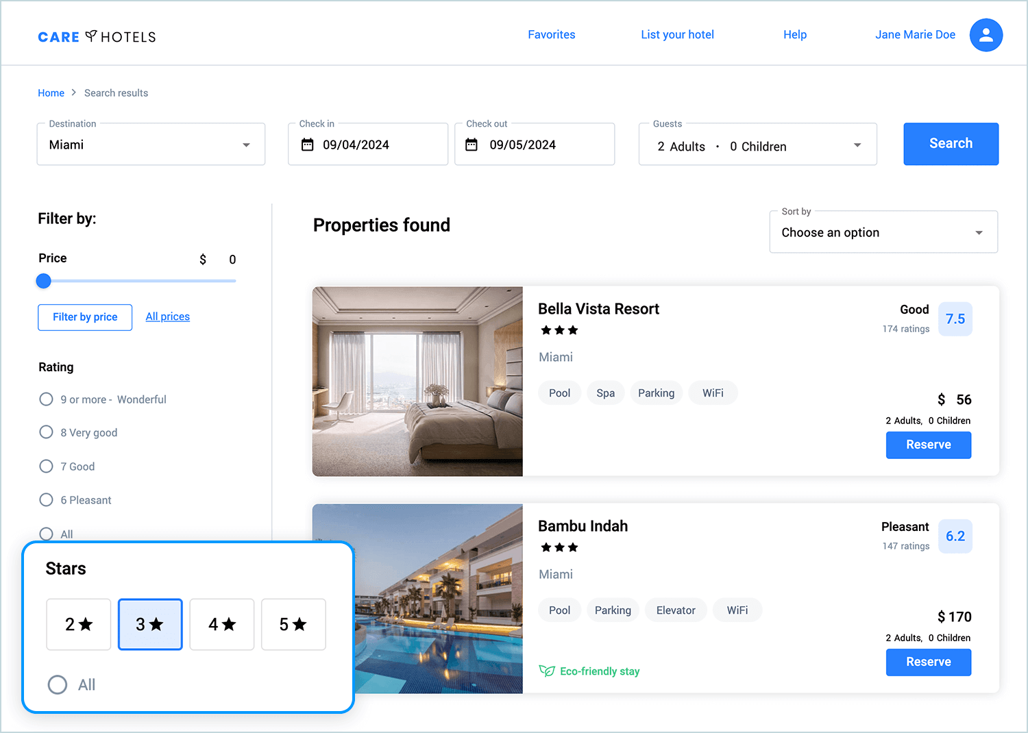 Hotel search results page with a star rating filter using radio buttons for selecting between 2 to 5 stars