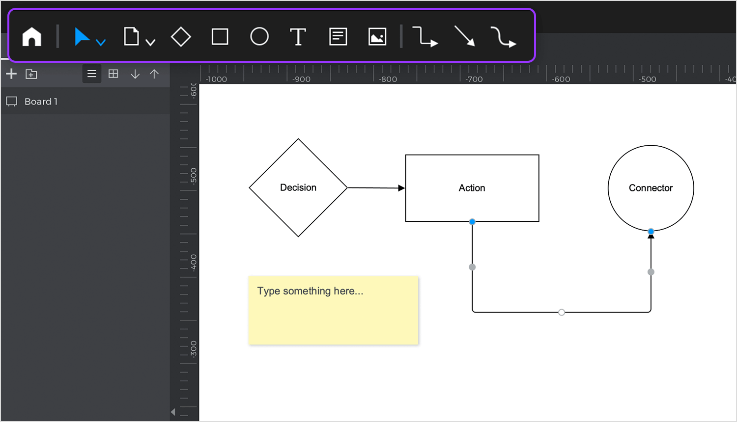 Justinmind user flow design tool interface showing decision, action, connector elements, and note field