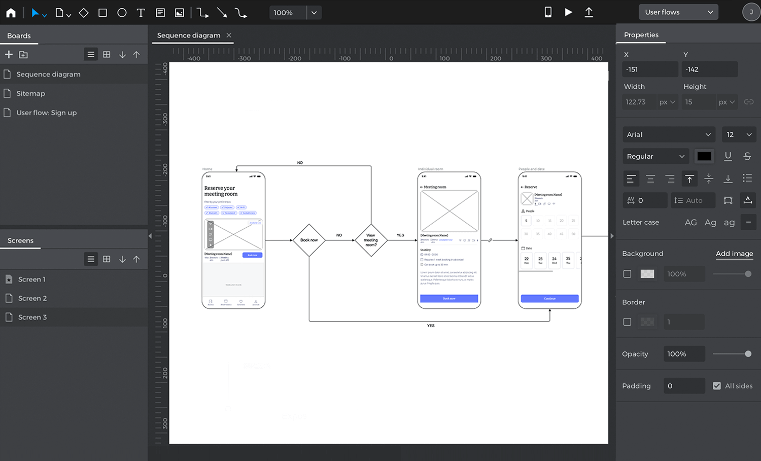 Justinmind user flow design tool showing decision, action, and connector elements