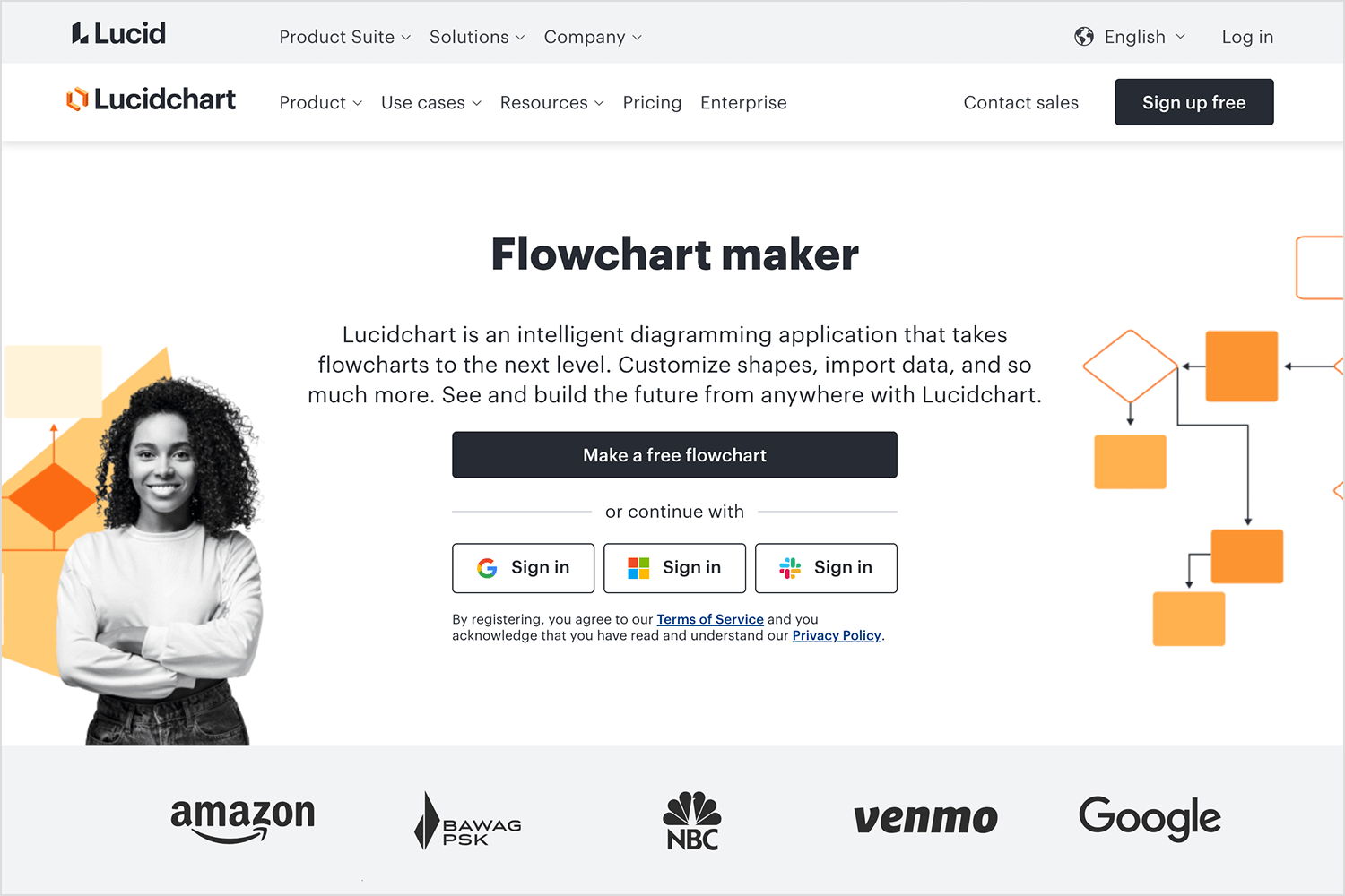 Lucidchart homepage showcasing flowchart maker, sign-in options, and featured company logos
