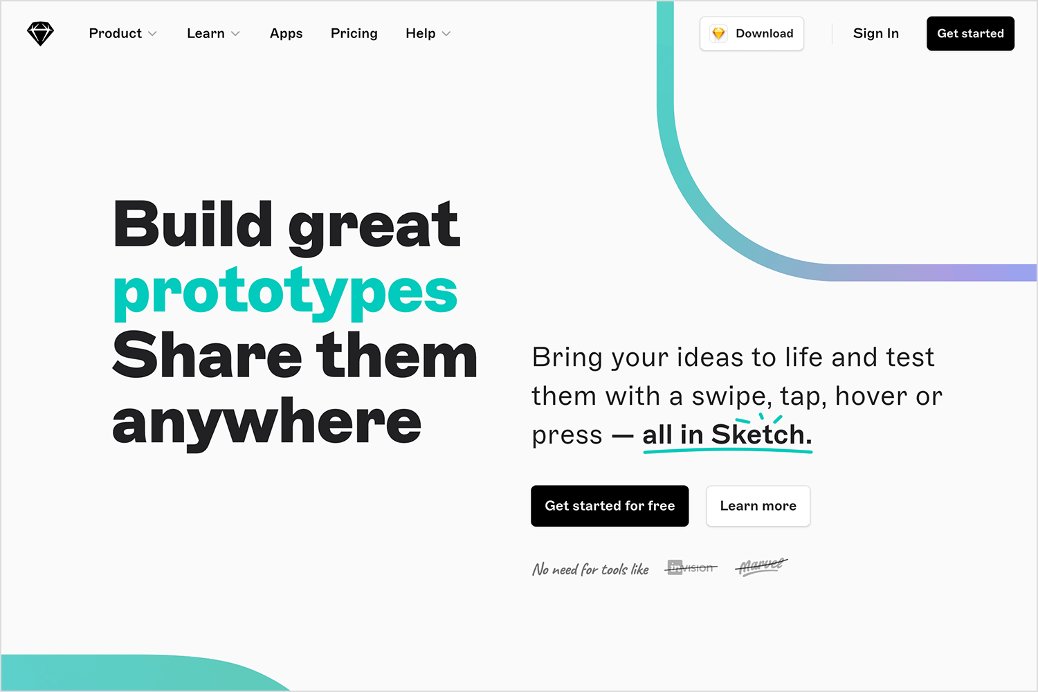 Sketch homepage showcasing prototype building and sharing features with sign-up and download options