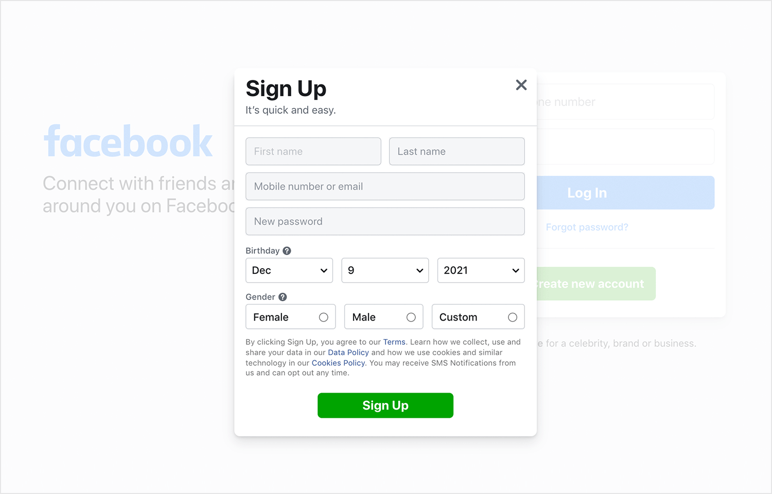 facebook signup form