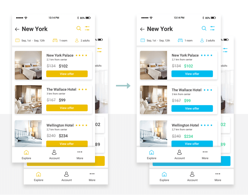 Offers view. Hotel booking UI.