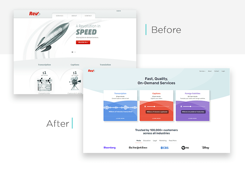 Rev.com website redesign before and after - Justinmind