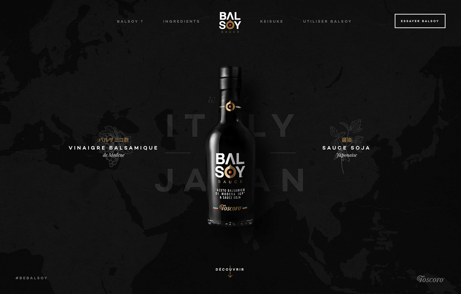 Balsoy one-page website example featuring a black balsamic soy sauce bottle against a dark background