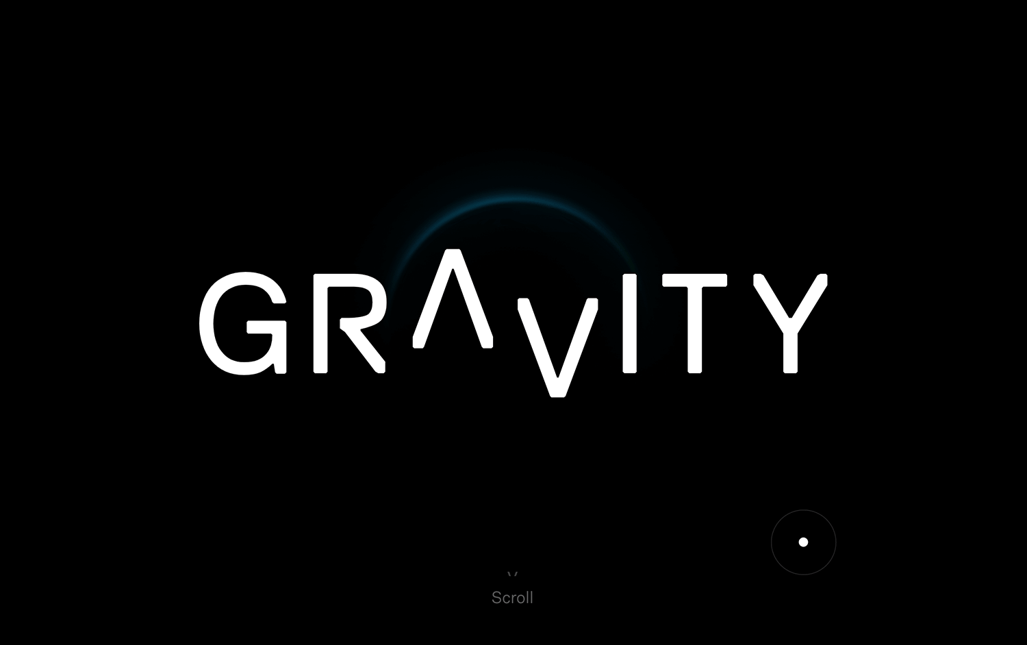 Gravity one-page website with black background and glowing text