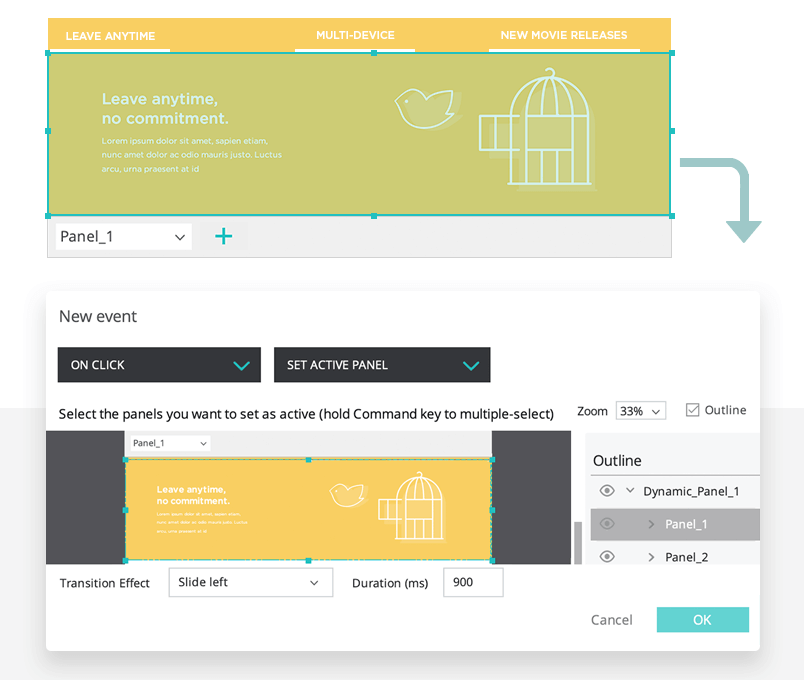 setting up dynamic panel for landing page design - justinmind