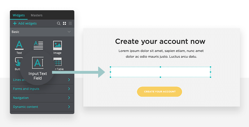 adding input field in design of landing page within justinmind